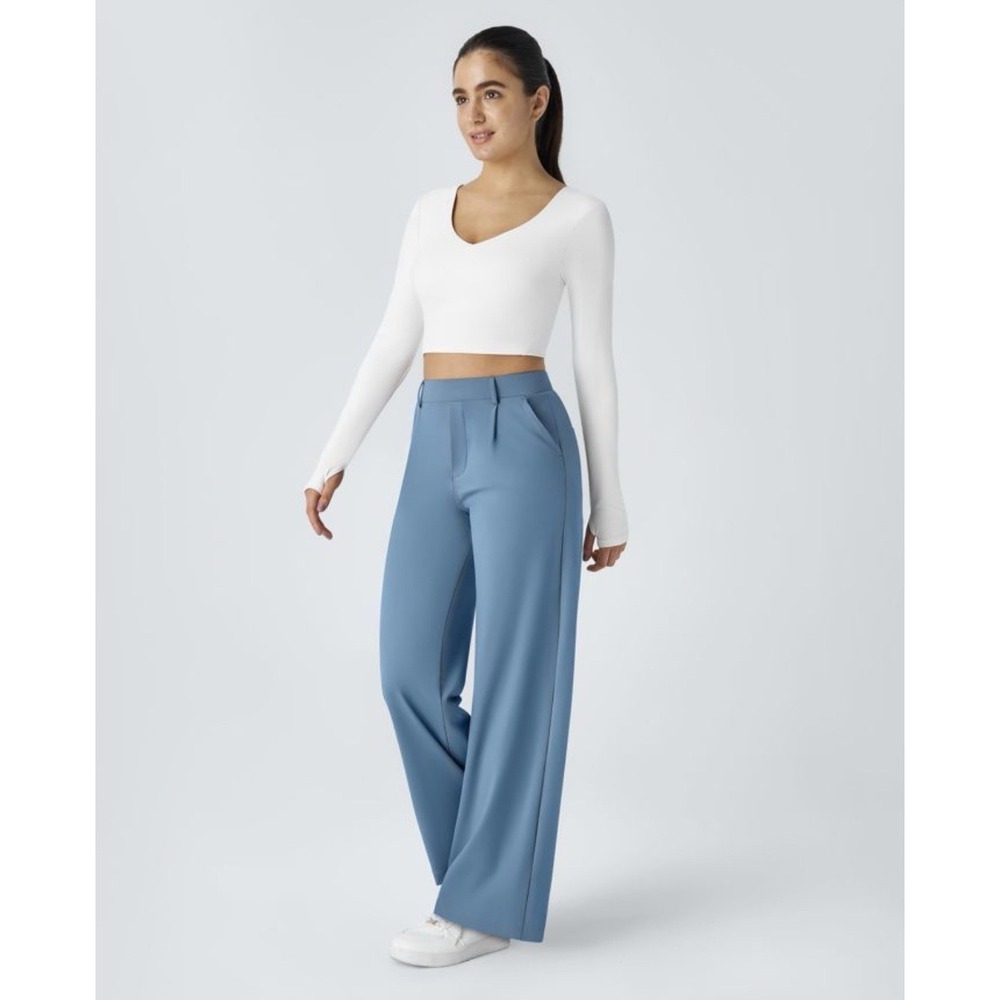 Halara Flex DayStretch High Waisted Pocket Work Flare Pants Light Azure XL NWT